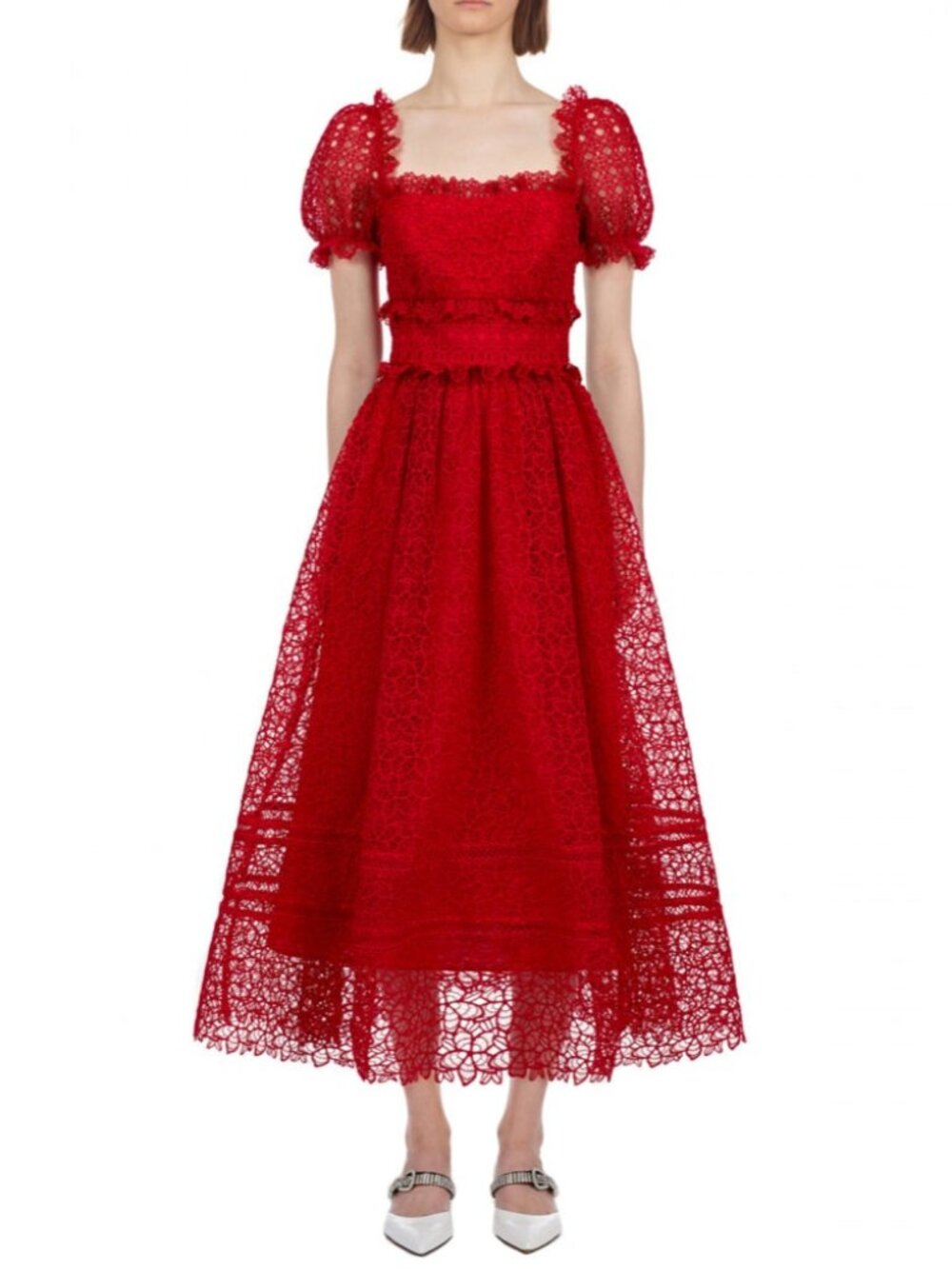 Self-Portrait Short Sleeve Guipure Lace Midi Dress in Hibiscus Size 6
